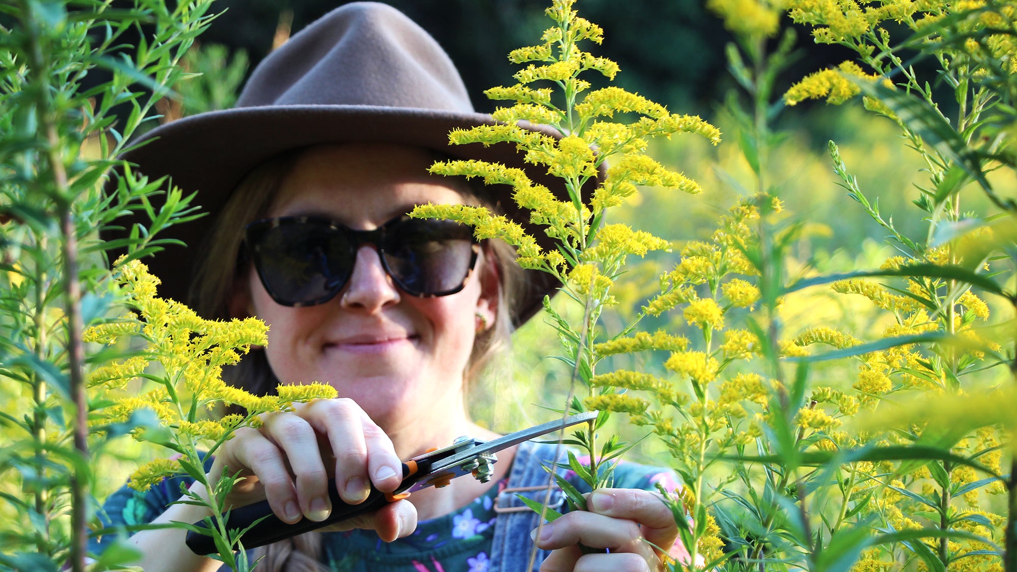 Load video: A video plays showing clips where Jackie is harvesting a variety of plants and also how she makes her products.