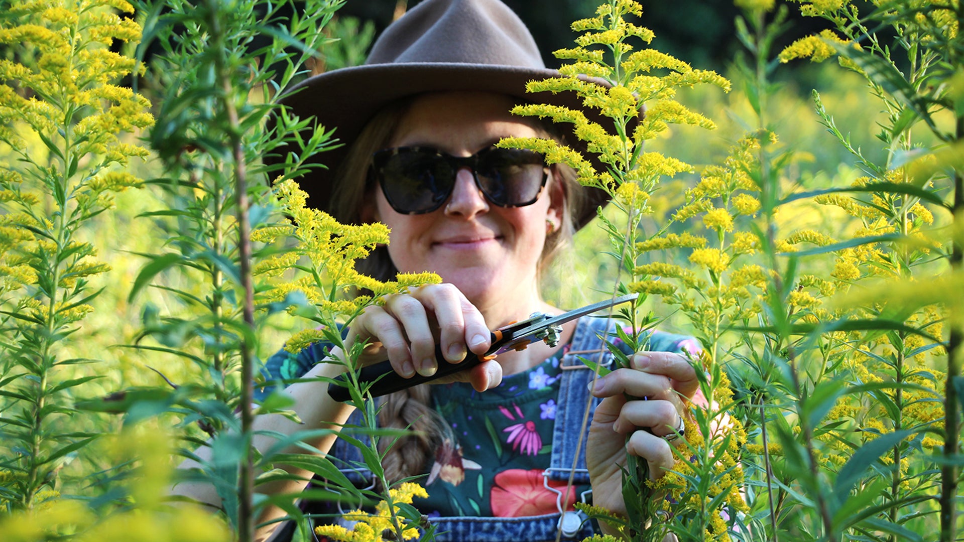 Load video: A video plays showing clips where Jackie is harvesting a variety of plants and also how she makes her products.